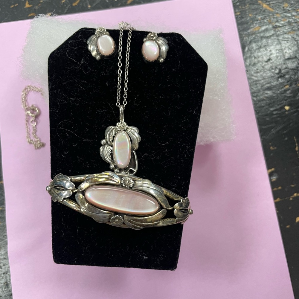 Vintage Navajo sterling silver mother of pearl earrings, necklace and bracelet